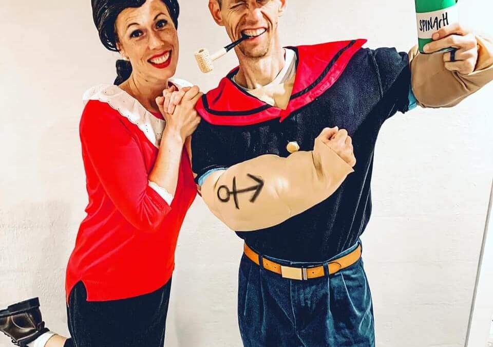 chiropractor and wife dress up in Popeye halloween costume